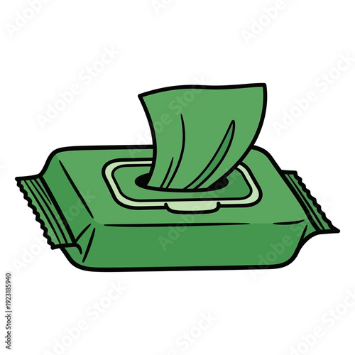 Cartoon illustration of a green package of wet wipes partially opened
