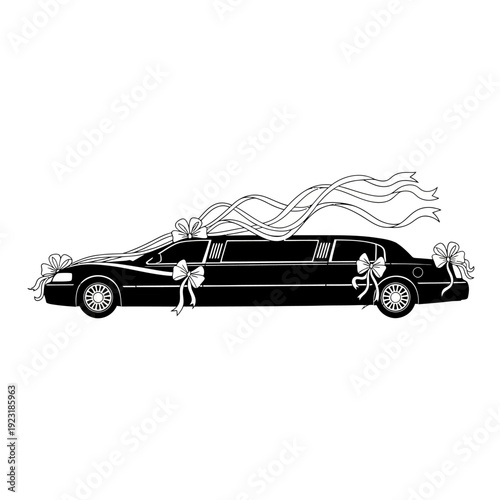 Black limousine decorated with white ribbons side view illustration