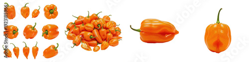 Tableau sur toile Fresh Orange Habanero Chili Pepper Set Isolated on White Background Including Si