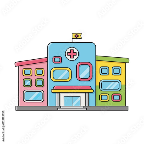 Colorful cartoon illustration of a hospital building with a red cross emblem