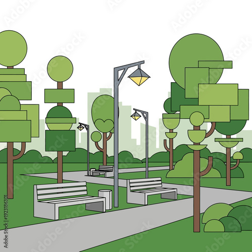 Stylized illustration of a park with trees benches and streetlights