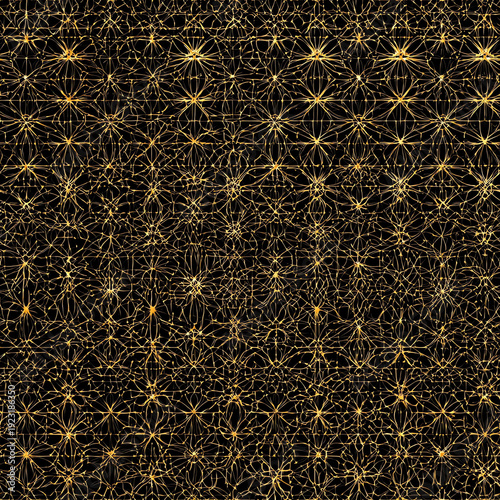a seamless pattern with gold foil stars, their intricate details and glowing lines creating an illusion of depth on the black canvas.