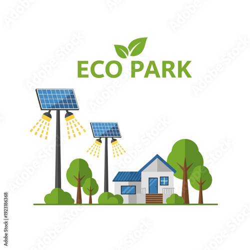 Eco park illustration featuring solar panels a house and green trees