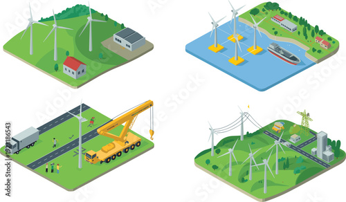 Isometric wind energy infrastructure with offshore turbines, onshore farm, power lines and maintenance crane vector illustration