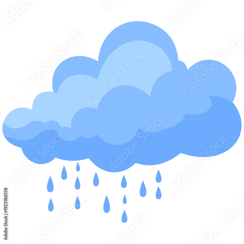 Blue rain cloud with falling droplets perfect for weather forecasts, precipitation graphics, shower illustrations, calm atmospheric elements, and clean contemporary flat design style.