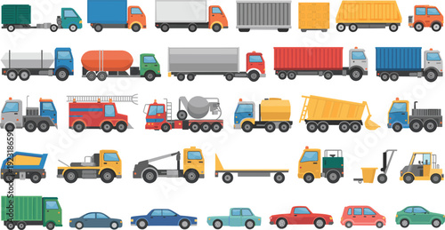 Large commercial vehicles collection with trucks, trailers, construction machinery and passenger cars vector illustration set isolated