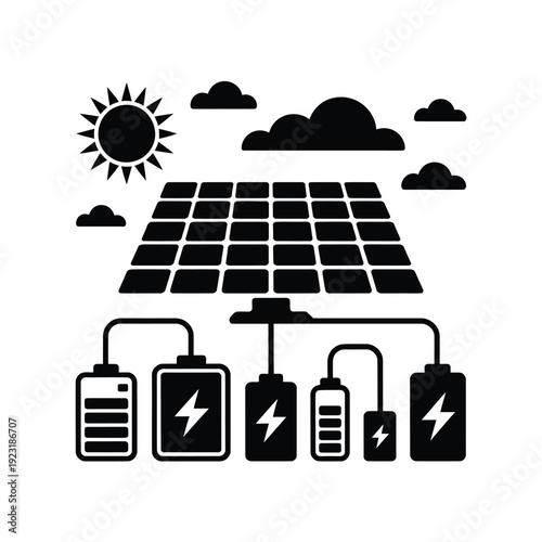 Solar panels generate electricity and store it in batteries under a sunny sky with clouds.