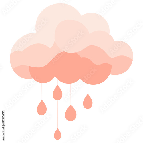 Coral peach rain cloud with droplets perfect for warm weather illustrations, gentle precipitation graphics, soft shower designs, colorful atmospheric elements, and flat style.