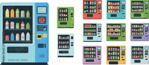 Modern vending machines set with snacks and drinks, colorful automated retail dispenser collection isolated on white background vector illustration