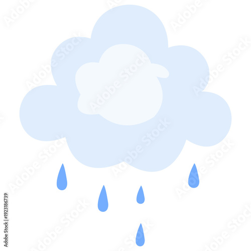 Periwinkle rain cloud with droplets perfect for soft weather graphics, spring shower illustrations, calm sky designs, and gentle precipitation elements with soothing flat design style.