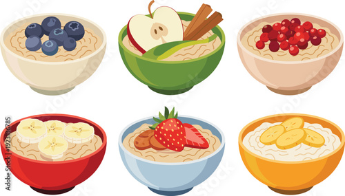 Oatmeal bowls with banana, strawberry, blueberry, apple, cinnamon and cranberry toppings healthy breakfast vector illustration set