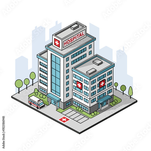 Isometric illustration of a modern hospital building with an ambulance