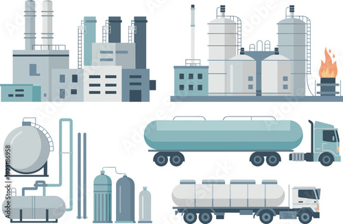 Oil refinery factory and fuel tanker trucks flat vector illustration set with industrial petroleum production facilities isolated