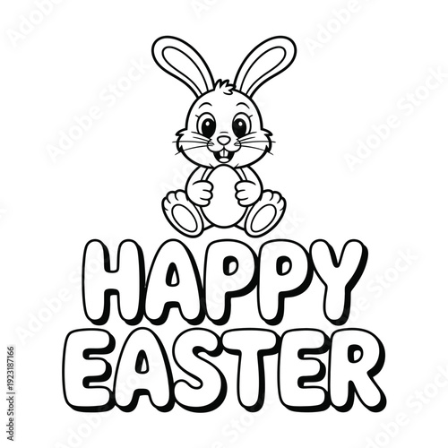 A cute cartoon bunny sits above the words "Happy Easter" in bold, bubbly letters.