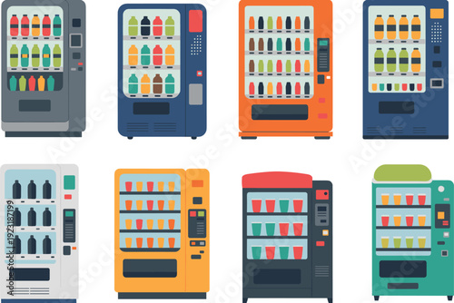 Set of colorful vending machines with assorted beverages and snacks isolated vector illustration for retail automatic self service concept