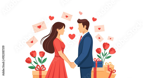 Romantic Couple Holding Hands with Gifts, Roses, and Love Letters - Valentine's Day Illustration