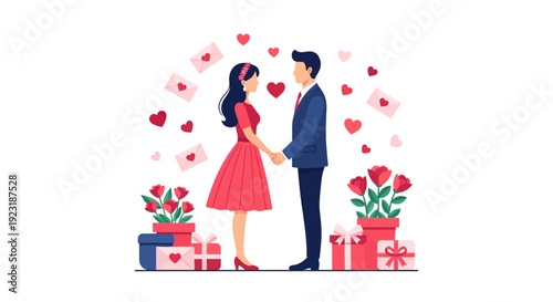 Romantic Couple Holding Hands with Gifts and Hearts - Valentine's Day Love Illustration