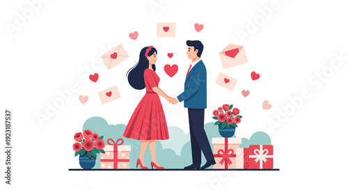 Loving Couple Holding Hands with Romantic Hearts, Love Letters, Flowers, and Gifts Illustration
