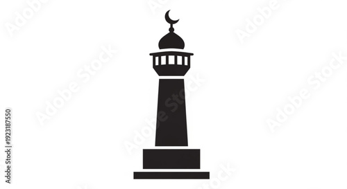 Minaret tower with crescent moon on top in black silhouette