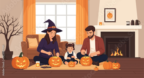 Happy family carving Halloween pumpkins in a cozy living room, enjoying festive traditions and creative fun together.