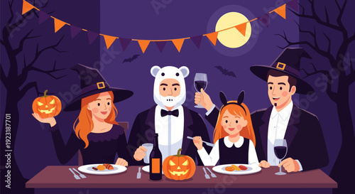 Happy Family Halloween Dinner Party: Costumed Adults and Child Celebrate with Jack-o'-Lanterns and Spooky Decor