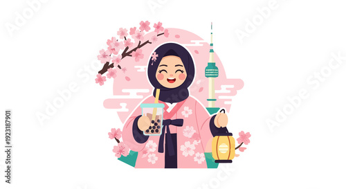 Happy young woman in a hijab and traditional East Asian attire sips bubble tea, surrounded by pink cherry blossoms and an iconic city tower, embodying joyful cultural travel
