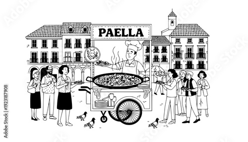 Street Food Vendor Serving Fresh Paella in Plaza, Authentic Local Flavor and European Tourism