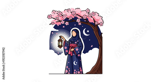 A woman in traditional attire holding a lantern under a cherry blossom tree at night with a crescent moon in the sky