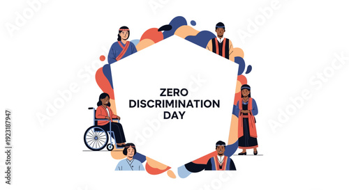 Diverse group of people forming a circle for Zero Discrimination Day, promoting equality and diversity awareness with a colorful illustration design