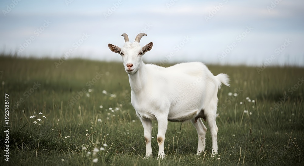 Obraz premium White Goat in Green Pasture Farm Animal