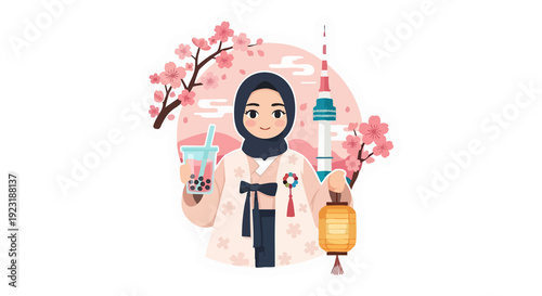 Korean Culture Celebration Featuring a Woman in Traditional Attire with Iconic Landmarks and Cherry Blossoms