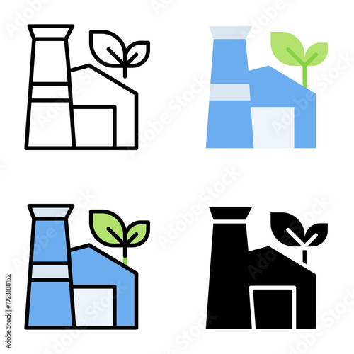 Green factory icon collection of various styles for ecology and environment, Design Branding, Print, and Digital Media
