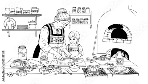 Senior Woman Teaching Child Traditional Nordic Baking in Rustic Kitchen, Cultural Heritage and Local Flavor
