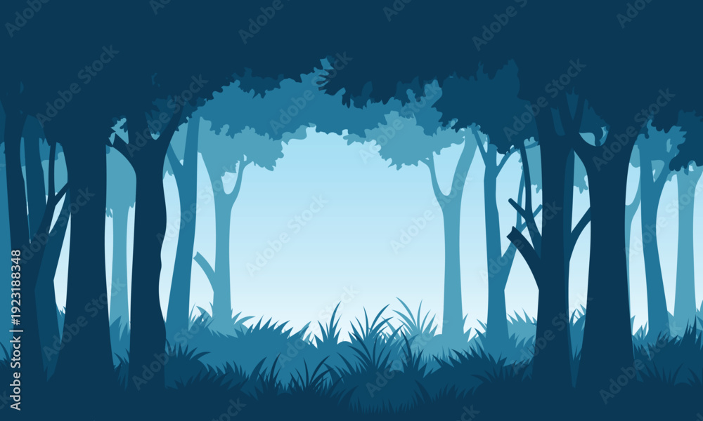 Obraz premium silhouette of a dense forest view with a dark blue landscape background