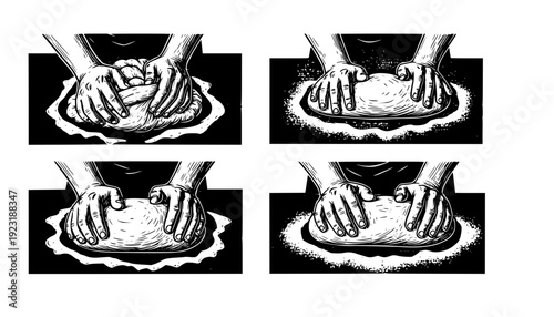 Macro of Hands Kneading Sourdough Bread on Flour Covered Table, Sensory Cooking and Slow Living Concept