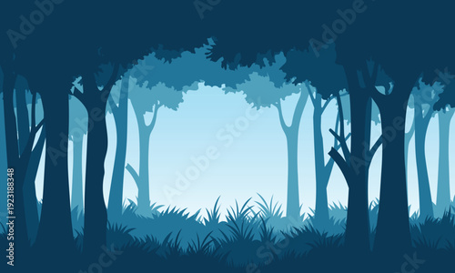 silhouette of a dense forest view with a dark blue landscape background