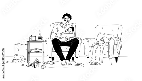 Exhausted Father Holding Sleeping Newborn in Messy Living Room, Authentic Parenting and Connection Concept