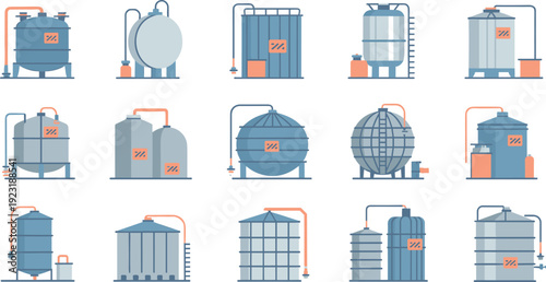 Set of industrial storage tanks and chemical processing reactors isolated vector illustration for factory production and manufacturing concept