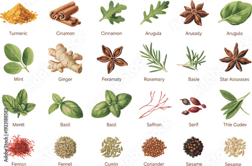 Turmeric, cinnamon, ginger, basil, rosemary, saffron, fennel, cumin and assorted herbs spices vector illustration collection