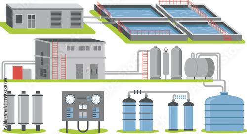 Water treatment plant system with filtration tanks, purification equipment, storage reservoirs and industrial wastewater processing vector illustration