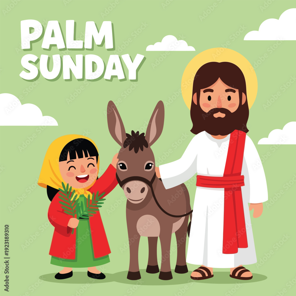 Naklejka premium Palm Sunday Jesus Triumphal Entry Donkey Child