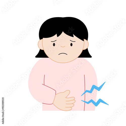 主線なしのフラットデザイン | お腹が空いて辛そうな女性のイラスト | ダイエットや健康のイメージ