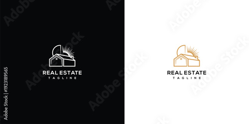 Real Estate Logo House with Sun Icon.