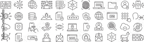 ベクターでモノクロのサイバープロテクションに関する線画アイコンセット

