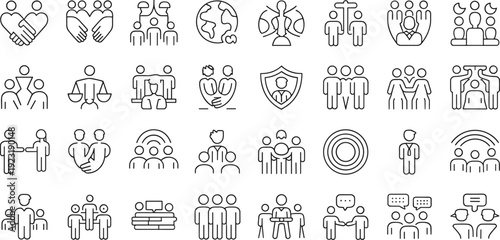 Community line icons set, teamwork, communication, leadership, justice, diversity, empathy, partnership, global unity, inclusivity, protection, collaboration, social values, discussion
