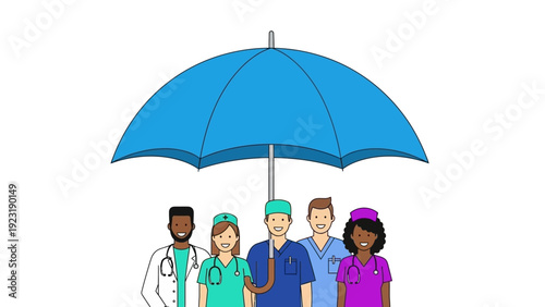 Healthcare Team Protection: Diverse Medical Staff Standing Under Blue Umbrella, Representing Health Insurance, Coverage, and Safety Security.