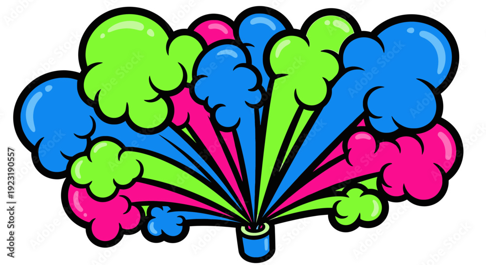 Obraz premium Comic style colorful smoke explosion, flat vector illustration, bold black outline, vibrant pop art colors, dynamic motion burst, isolated background, modern cartoon graphic