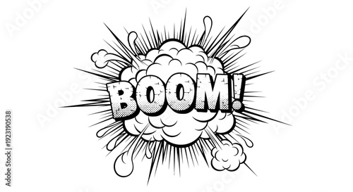 Vintage comic book explosion text effect, monochrome ink drawing, expressive hand-sketched lines, dynamic action burst, classic pop art style