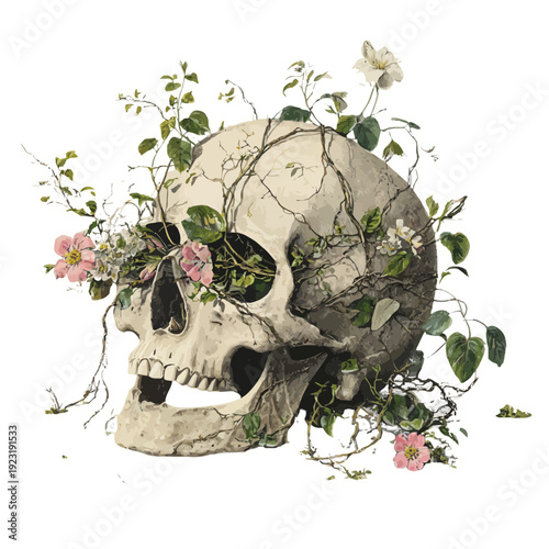 skull with flowering vines | growing through eye sockets | life and death symbolism | gothic botanical illustration | detailed floral and bone textures | dark romantic aesthetic | moody intricate comp
