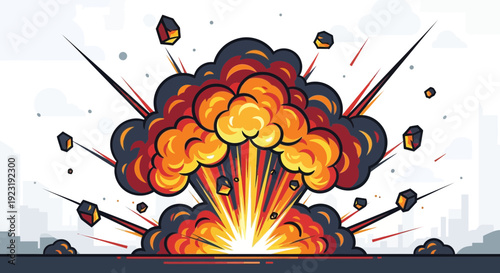 Massive explosion with fiery blast and debris flying everywhere